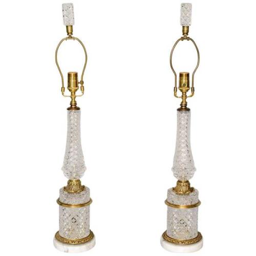 Pair of Cut Crystal Table Lamps by French