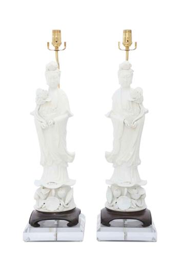 Monumental Pair of Blanc de Chine Kwan Yin Figural Lamps on Lucite Bases by Chinese