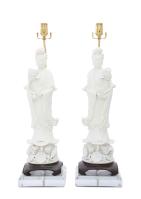 Monumental Pair of Blanc de Chine Kwan Yin Figural Lamps on Lucite Bases by Chinese