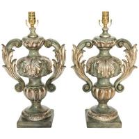 Pair of Carved Wood Urn Lamps by Italian