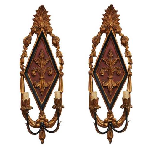 Pair of Carved Two-light Sconces by Italian