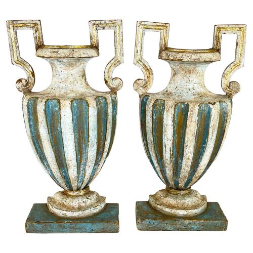 Pair of Split Antique Carved Wood Urns by Italian