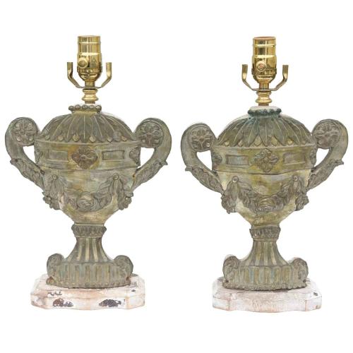 Pair of 19th C. Bronze Repousse Urn-form Lamps by French