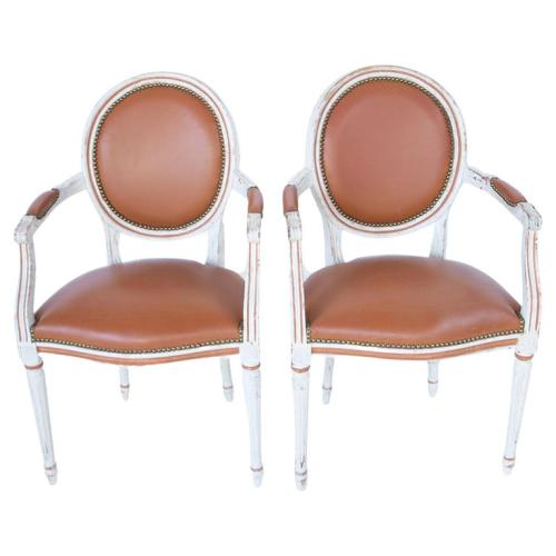 Pair of Painted Fauteuils Upholstered in Leather with Nailheads by 