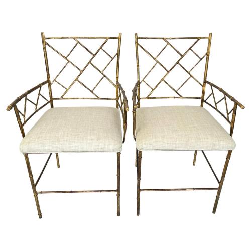 Pair of Faux Bamboo Armchairs of Gilt Iron by Italian
