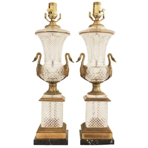 Pair of Neoclassical Style Cut Crystal Lamps by French