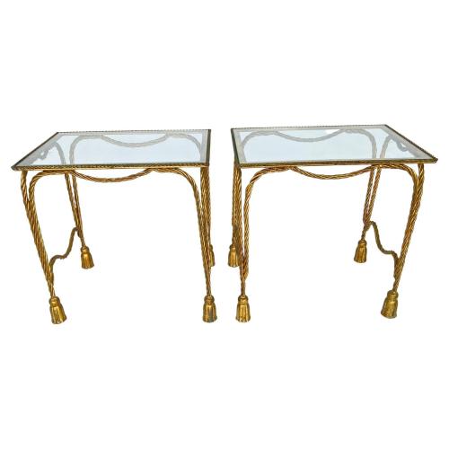Pair of Vintage Gilt Metal Rope and Tassel End Tables by French