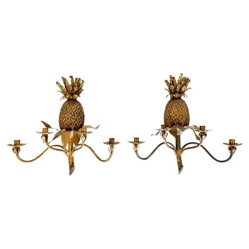 Pair of Vintage Gilded Iron Pineapple Form, Four-light Wall Sconces by Italian