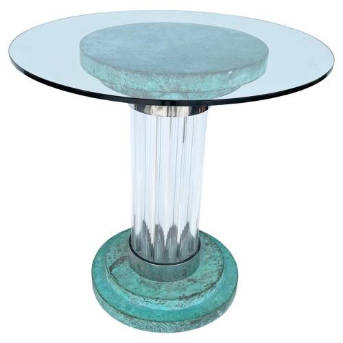 Romeo Rega Verdigris and Lucite Pedestal Table Base with Glass Top by Italian