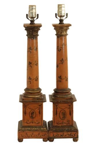 Pair of Painted and Parcel Gilt Column Lamps by Italian