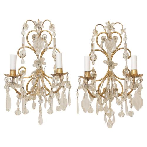 Pair of Italian Gilt Metal and Crystal Two-light Sconces in the Style of Bagues by Italian