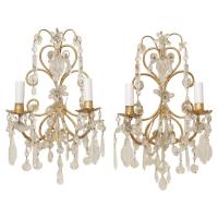 Pair of Italian Gilt Metal and Crystal Two-light Sconces in the Style of Bagues by Italian