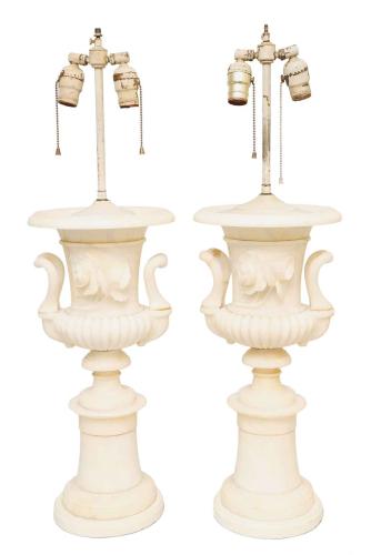 Pair of Grand Scale Urn-form Alabaster Lamps by Italian