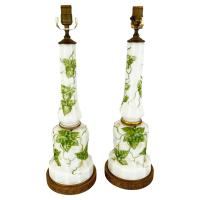Pair of Signed, Converted Milkglass Lamps Hand Painted with Ivy by Continental