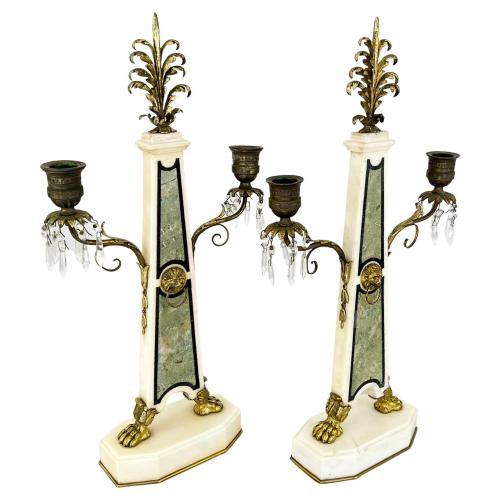 Pair of 19th Century Napoleon III Inlaid Marble Mantle Girondoles by 