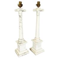 Pair of Vintage Italian Alabaster Columnar Lamps with Ionic Capitals by Italian