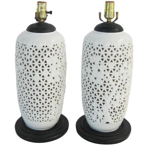 Pair of Pierced Blanc de Chine Chinese Vase Lamps by Chinese