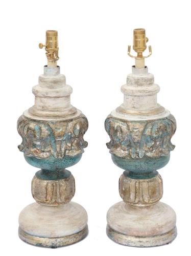 Pair of Painted and Parcel Silvergilt Carved Wood Finial Lamps by Italian