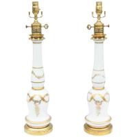 Pair of Empire Style Milk Glass Lamps with Hand Painted Gilding by 