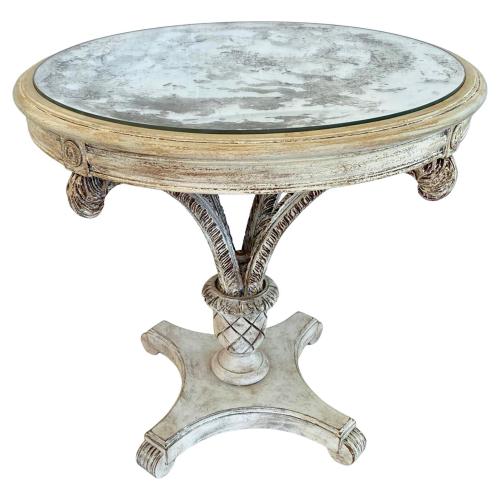 Pickled Wood "Duke of Windsor" Round Occasional Table with Aged Mirrored Top by Italian