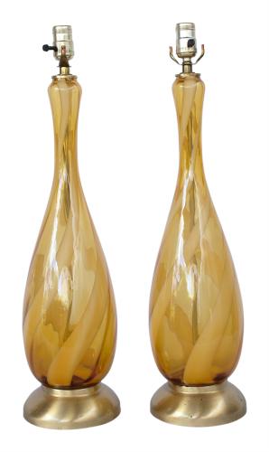 Pair of Hand-blown Empoli Glass Bottle-form Table Lamps by Spanish