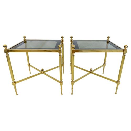Pair of Maison Jansen Style Polished Brass End Tables with Original Glass Tops by 