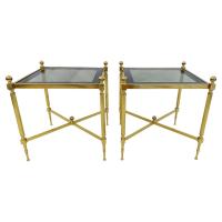 Pair of Maison Jansen Style Polished Brass End Tables with Original Glass Tops by 